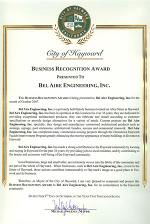 City of Hayward Business Recognition Award