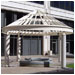 This unique open gazebo depends on a seasonal sun to shine warmth or shade onto its bench.