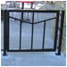 A simple metal railing defines an outdoor dining area.